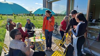 5 Personen sitzen in einer gemütlichen Runde um einen Tisch und plaudern. 